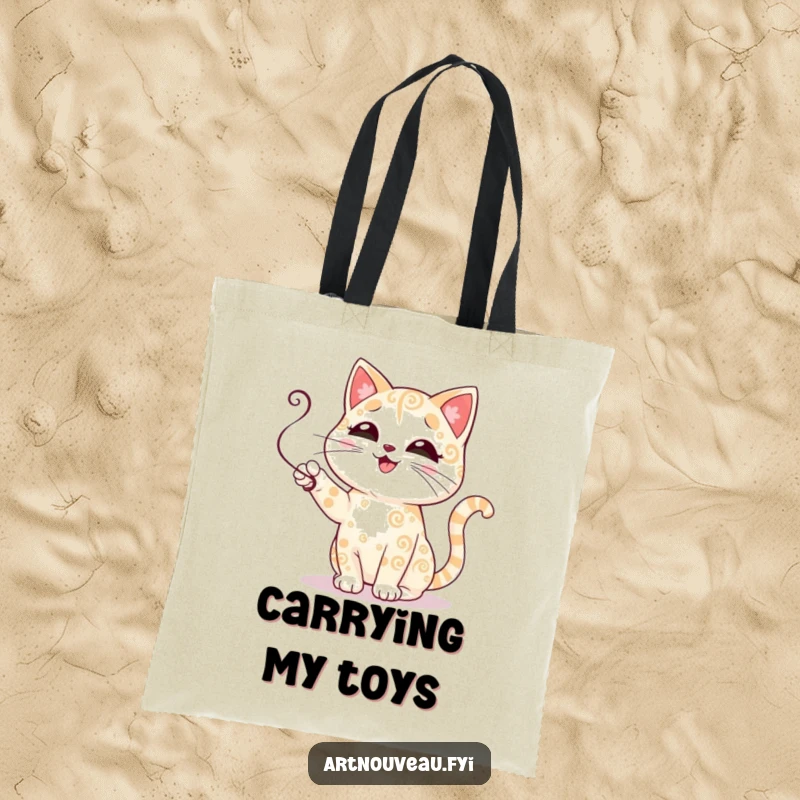 Funny cat tote bag with a cute cat adorned with swirling patterns playfully swatting at a tendril, perfect for a humorous shopping trip.