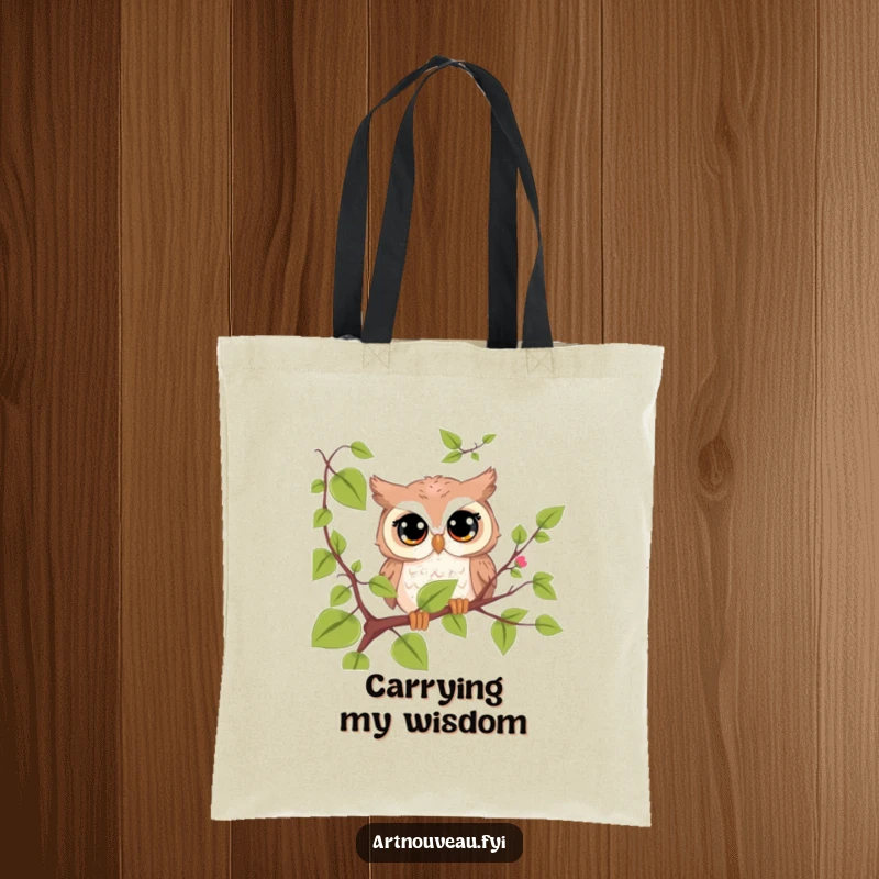 Funny cute owl tote bag, big curious eyes peeking from behind a vine, perfect for stylishly carrying items, humorous gift.