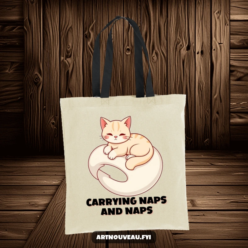 Funny tote bag with a graceful cat elegantly lounging on a swirling organic form, great for shopping and daily use.