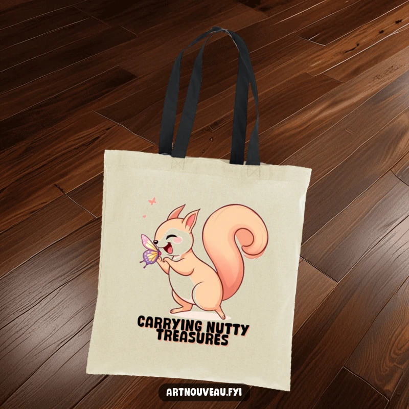 Funny squirrel in art nouveau style, joyfully chasing a shimmering butterfly with a curled tail, printed on a durable tote bag.