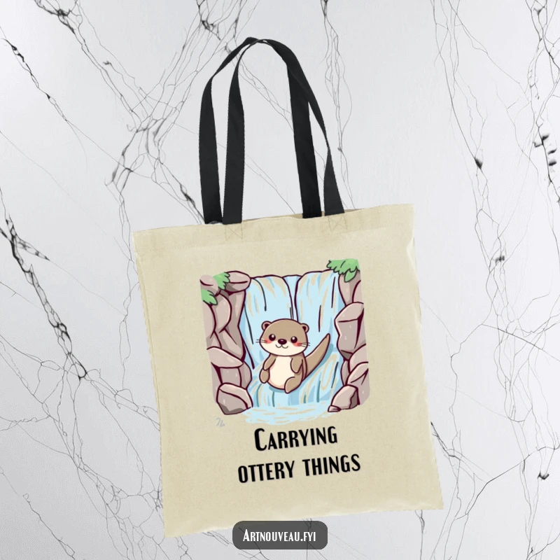 Funny otter with smooth lines playfully sliding down a stylized waterfall, printed on a durable and fashionable tote bag.