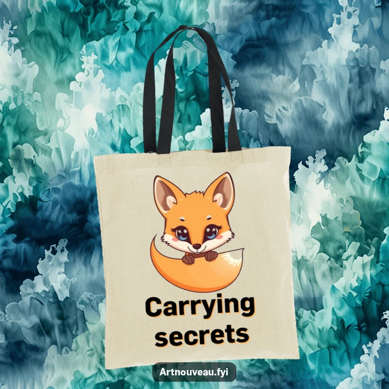 Funny Tote Bag: A curious fox with bright eyes peeking from behind an elegant, flowing organic curve, a stylish and humorous accessory.
