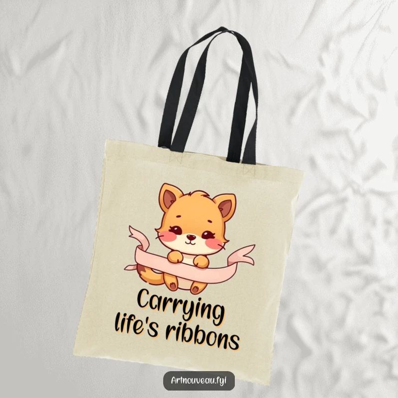 Funny tote bag showing an animal playfully engaged with a flowing decorative ribbon, perfect for carrying items with whimsical style.