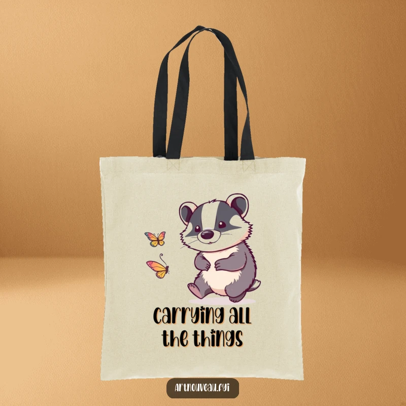 Funny tote bag featuring intricate linework badger playfully chasing a stylized butterfly, ideal for stylish and humorous everyday use.