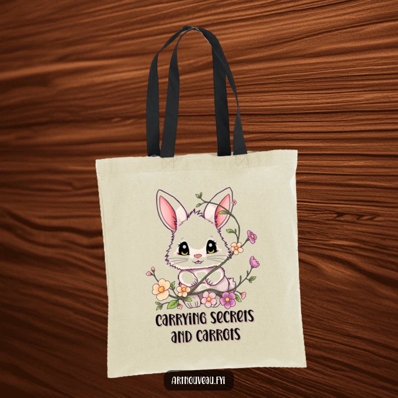 Funny bunny tote bag, a small fluffy bunny with expressive eyes peeking through a decorative floral vine, useful gift.