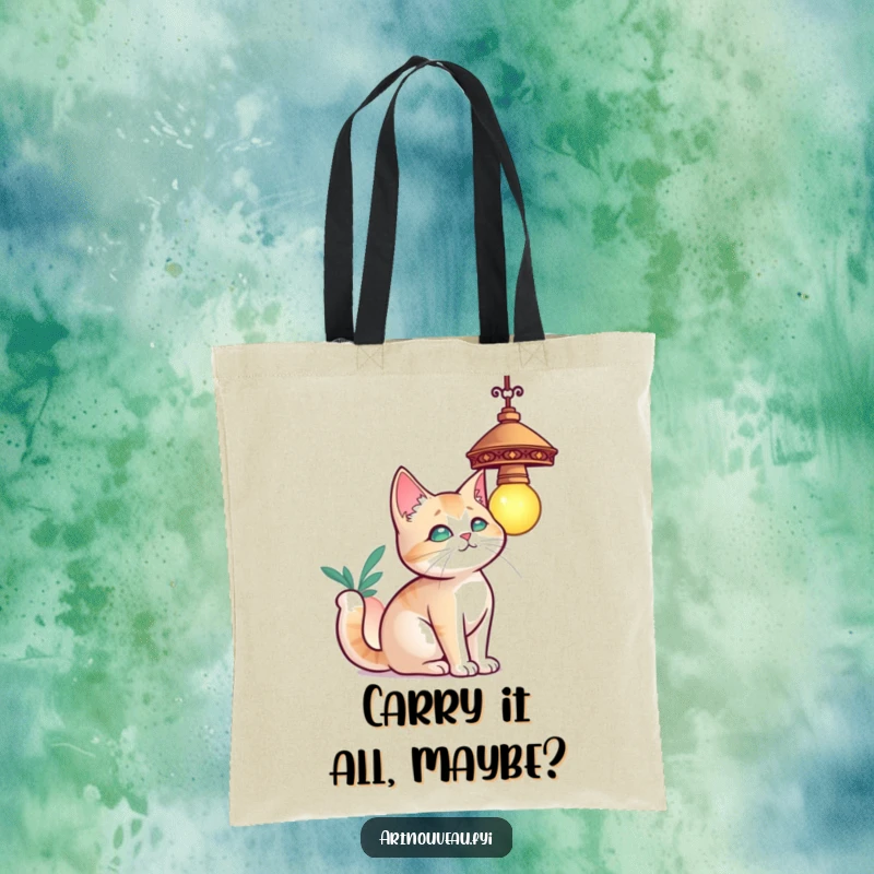 Funny cat tote bag, a curious cat with elegant curves reaching for a dangling decorative lamp, stylish and practical.