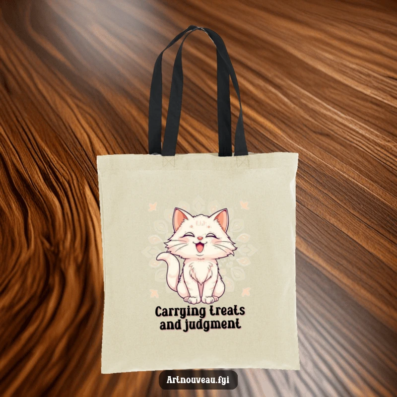 Funny Tote Bag: Delighted cat with flowing fur posing against a decorative pattern, a stylish and practical accessory.