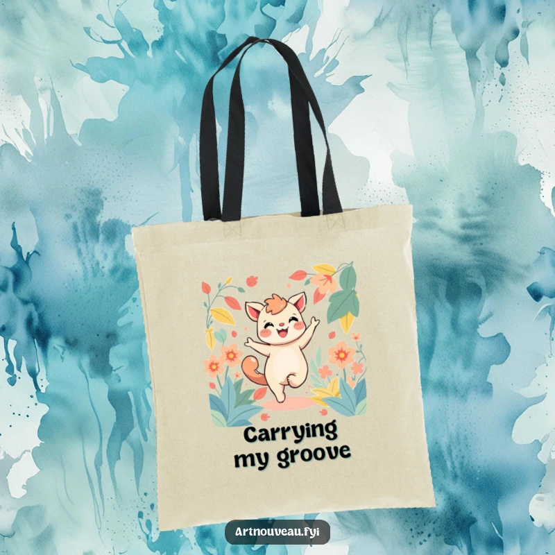 Funny tote bag with a joyful creature dancing through stylized, flowing foliage, perfect for carrying items with artistic flair.