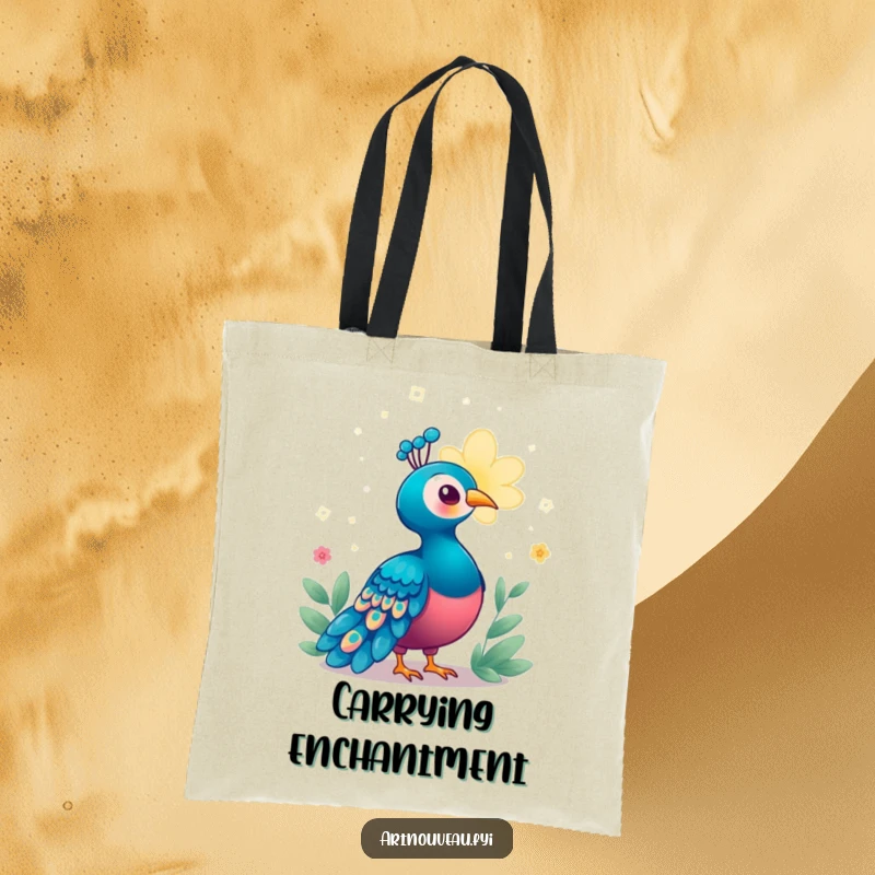 Funny Enchanted Peacock Tote Bag featuring a bird enchanted by a magical, glowing bloom, ideal for carrying essentials with whimsical, humorous charm.