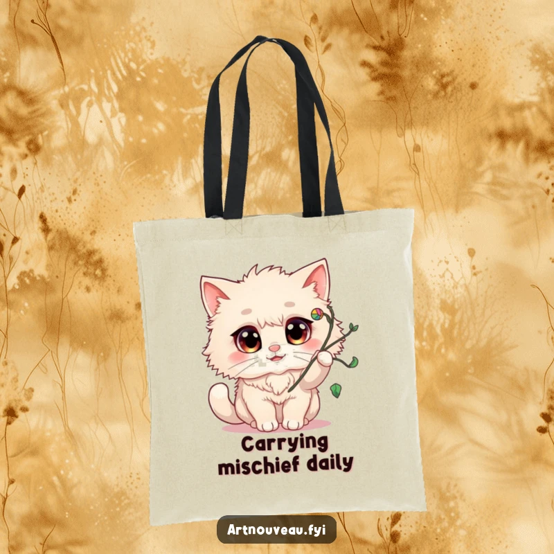 Funny Tote Bag: A fluffy cat with large, happy eyes playfully batting at a swirling flourish, a cute and humorous accessory.