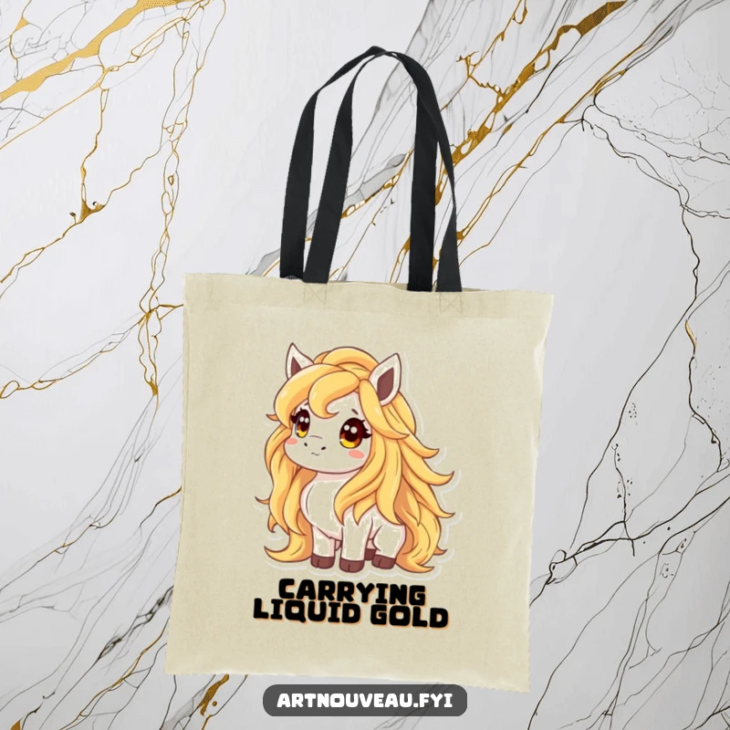 Funny tote bag showcasing an animal with a shimmering mane like liquid gold, looking up curiously, perfect for stylishly carrying daily items.