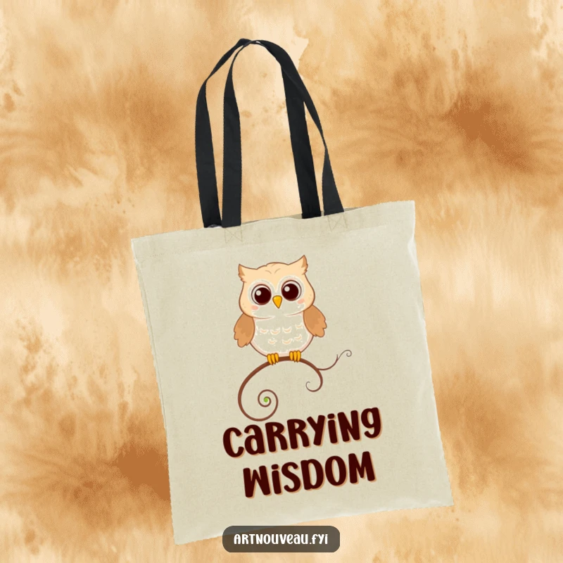 Funny Tote Bag: A happy owl perched precariously on a looping, decorative tendril, a cute and humorous accessory.