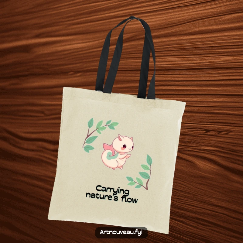 Funny tote bag designed with a creature embodying organic curves, depicted in a gentle spin, perfect for carrying essentials with natural flair.