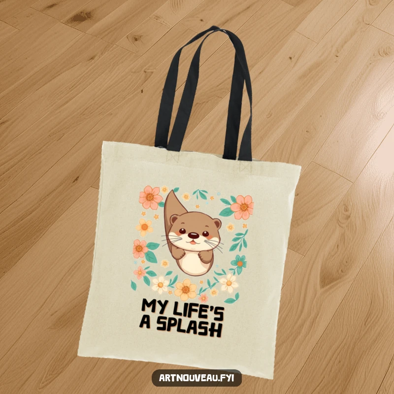 Funny tote bag depicting a playful otter joyfully diving through decorative floral patterns, perfect for everyday use.