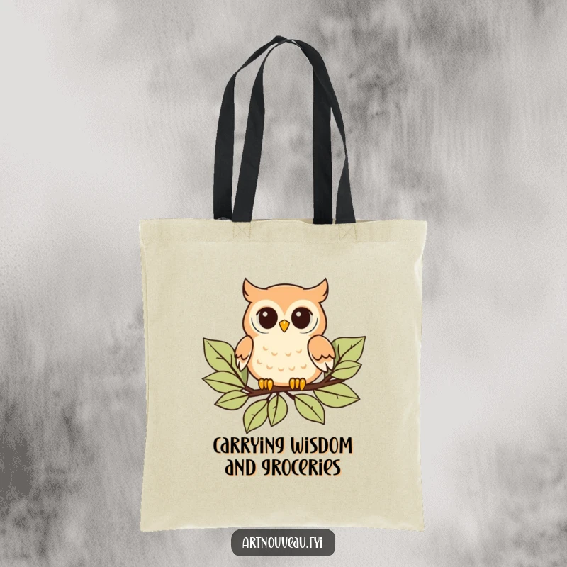 Funny Tote Bag: Playful owl with curved details floating on stylized leaves, a stylish and practical art nouveau accessory.