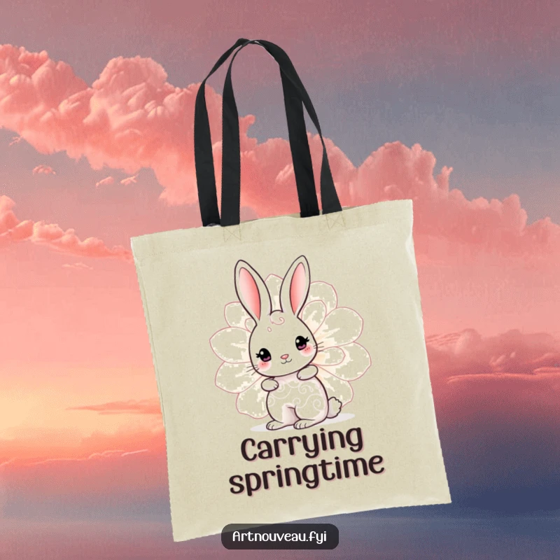 Funny Rabbit Bloom Tote Bag showcasing a cute rabbit with swirling patterns peeking from behind a large decorative bloom, stylish and useful.
