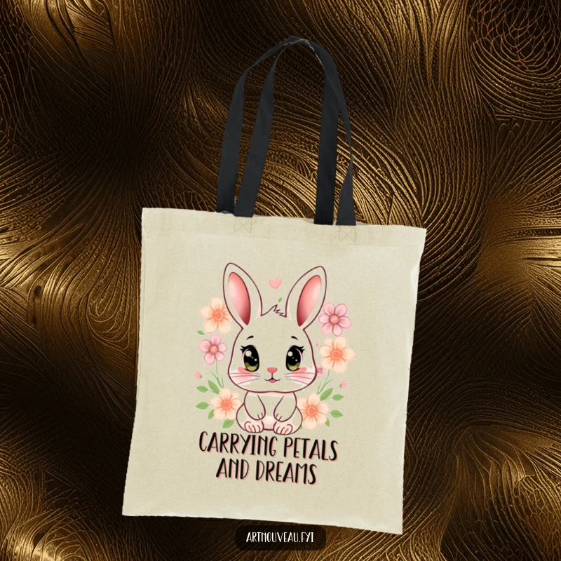 Funny rabbit tote bag with a stylized rabbit, large expressive eyes, surrounded by floral motifs, great for shopping.