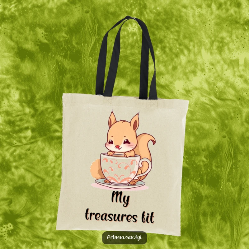 Funny tote bag featuring a happy squirrel daintily sipping from a decorative, spiraling cup, perfect for stylish and cheerful errands.