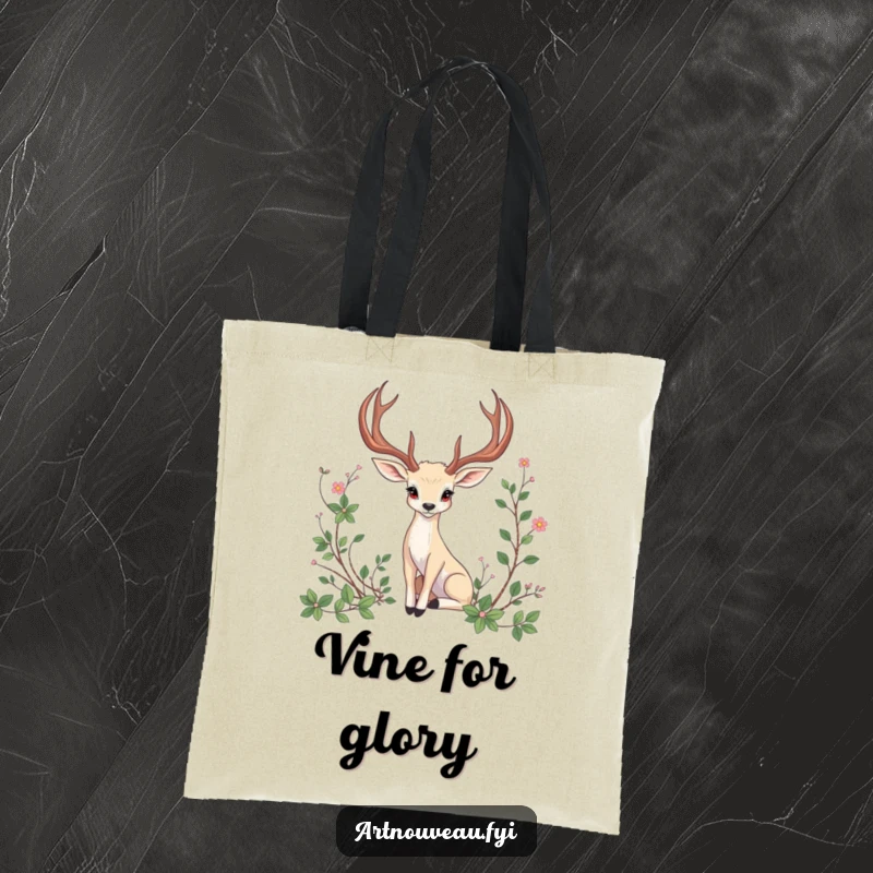 Funny Tote Bag: An animal with elegant, curved antlers posing gracefully among artistic vines, perfect for carrying essentials.